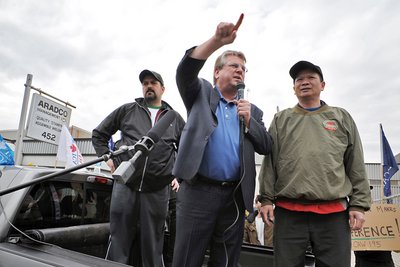 Protest.The Canadian Auto Workers Union is holding a series of rallies across the province today to protest what it says is a move on the part of Ontario’s auto-parts industry to cut employee wages and benefits.The rallies are part of CAW's Enough is Enough campaign, which launched on Oct. 18 to counter job cuts and other changes union members say have occurred in the auto sector over the past few years.CAW National president Ken Lewenza (pictured here) was expected to attend a rally in Burlington.